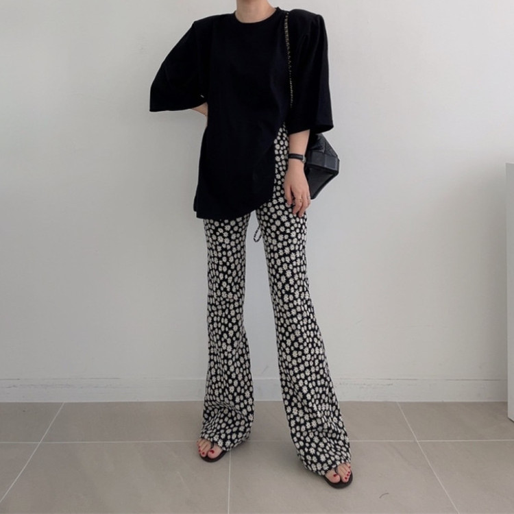 Bottoms |  Womens Patterned Kick Flare Trousers Bottoms black