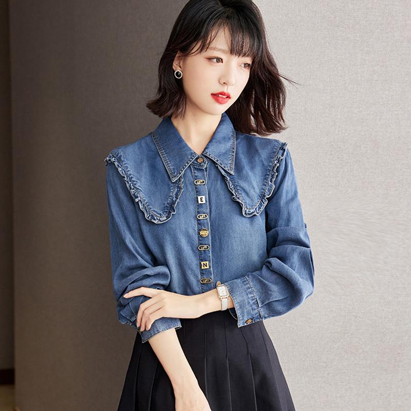 Tops & Shirts |  Womens Denim Ruffle Shirt Clothing blue