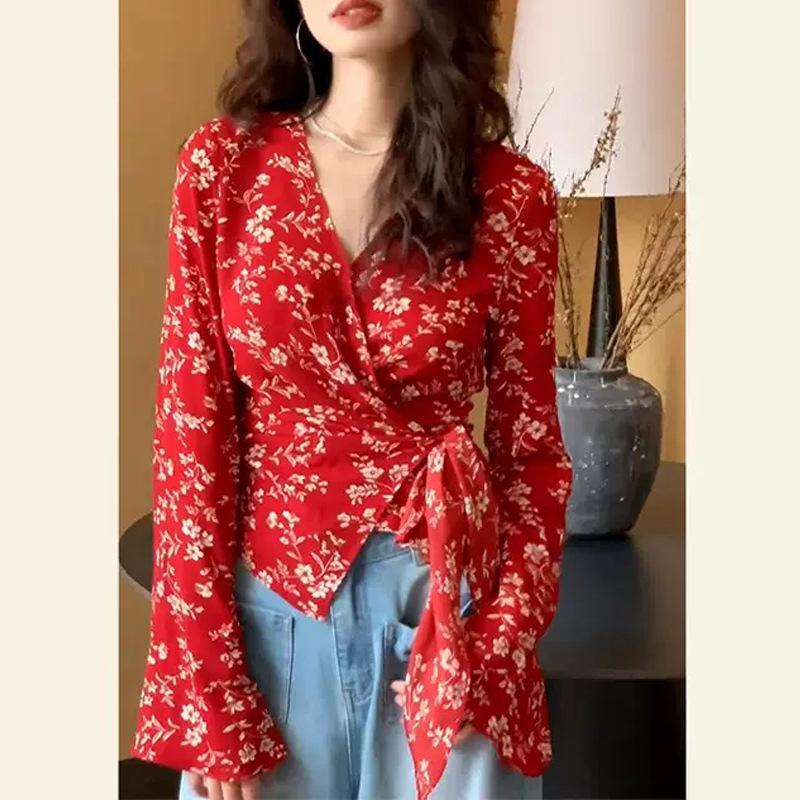 Tops & Shirts |  Womens Ruffled Floral-Print Wrap Top Clothing red